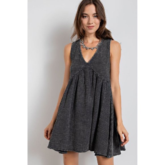 easel Dresses Easel Ash Washed Side Pockets V Neck Loose Fit Cotton